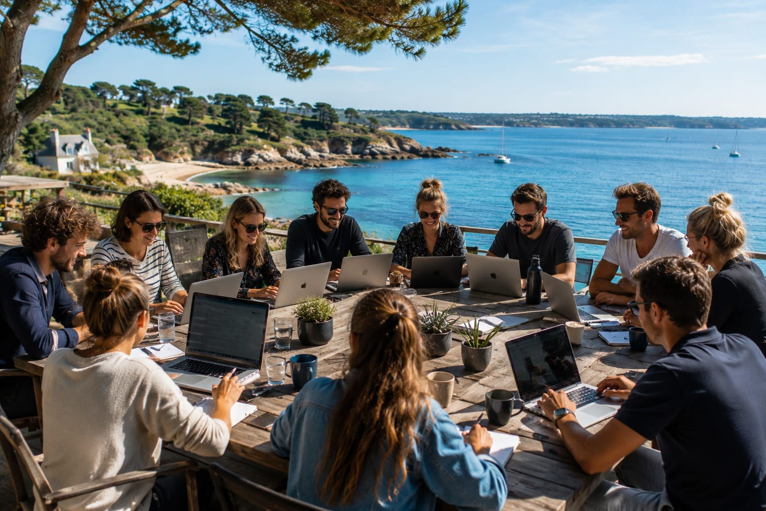 Équipe réunie en extérieur, ordinateurs portables face à la mer
